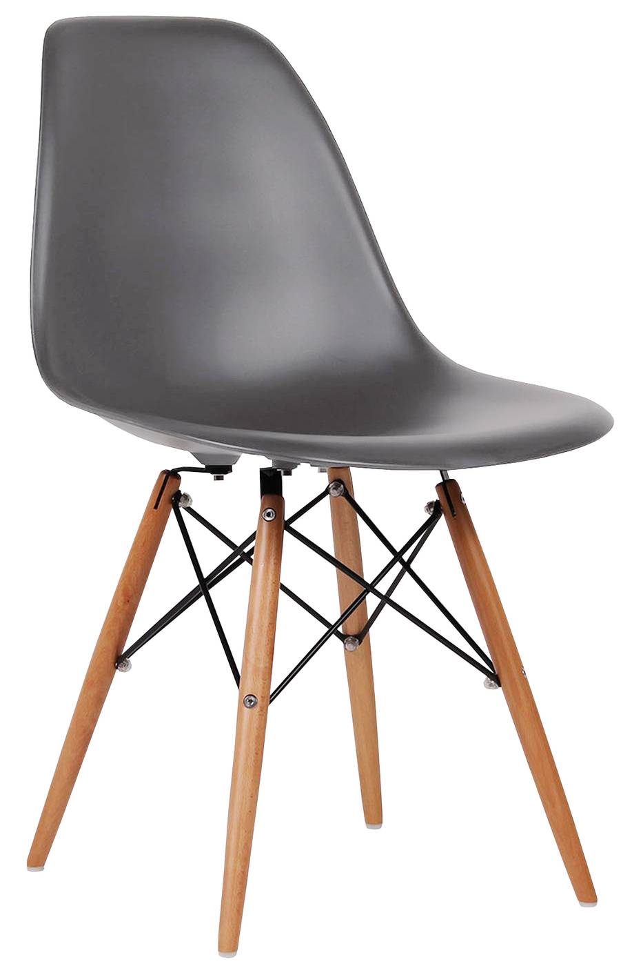 Silla de comedor. Patas de madera, con respaldo y asiento de polipropileno color gris.